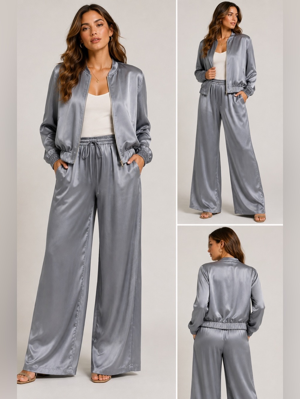Michela Mii Elite Silk Blend Satin Bomber Jacket Gray NWT Italy